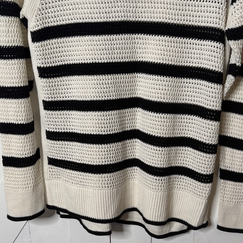 Talbots Black & Cream Open Weave Striped Crewneck Sweater - Picture 4 of 10